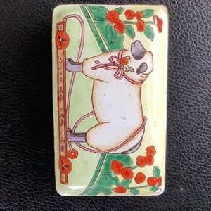 VINTAGE Metal Trinket Box w/ Porcelain Tile Top, In top is a lamb standing